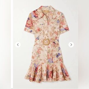 ZIMMERMANN August Belted Ruffled Floral Linen Mini Dress Size 1 NWT